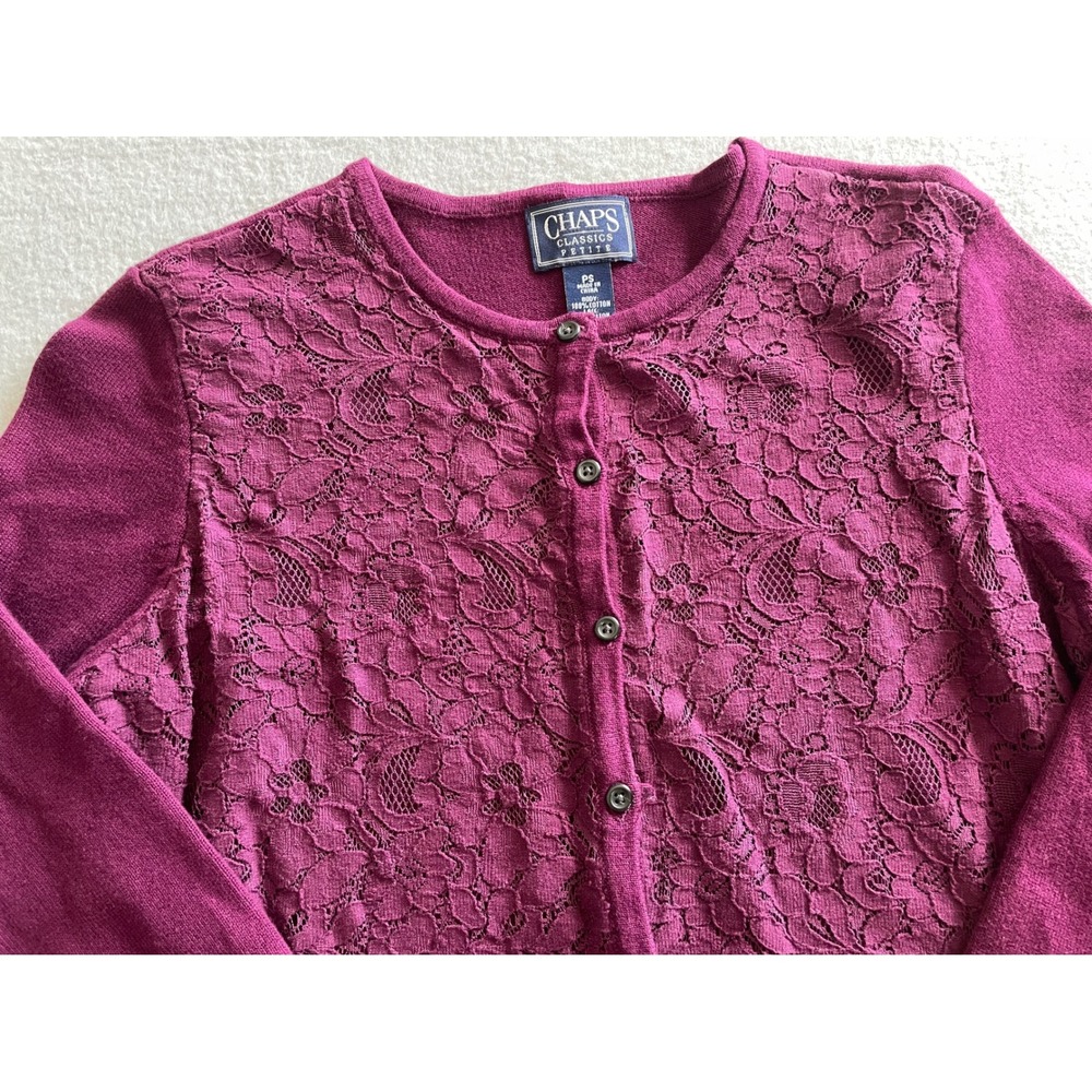 Chaps Classics Petite Purple Floral Lace Front Cardigan Sweater PS Cotton Plum - Picture 4 of 7